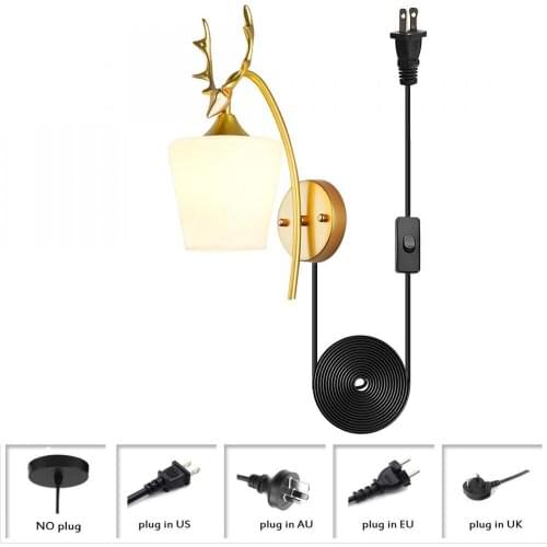 Wall Light Fixtures Indoor Creative Decor Gold Iron Deer Antler Wall Sconce Plug In Wall Lamp with Glass Lampshade