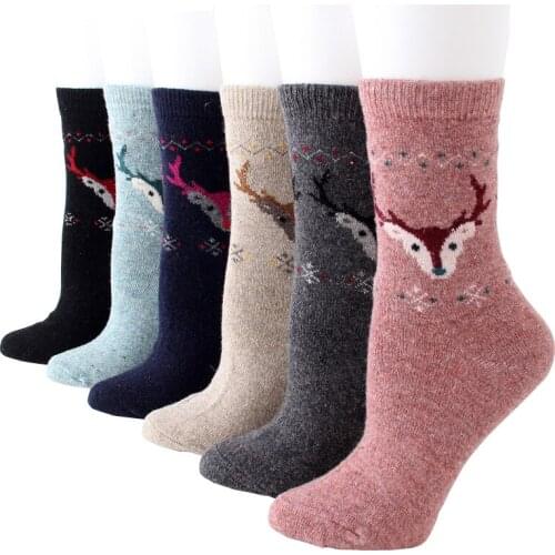Fly Love Wool Socks for Women Winter Thick Warm Cozy Elk Cat Pattern Middle Tube Crew Boot Socks 6 Pairs