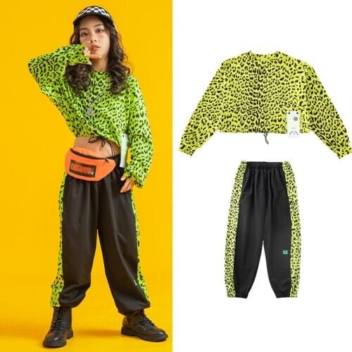 Girls Hip-Hop Dance Clothes ChildrenS Loose Fluorescent Green Leopard Tops Hiphop Pants Jazz Street Dance Costumes Kids SL4269