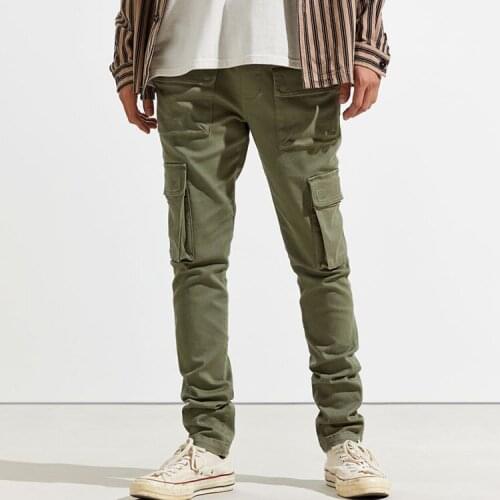 Wholesale solid color blank long trousers multi pockets drawstings green cargo pants for mens