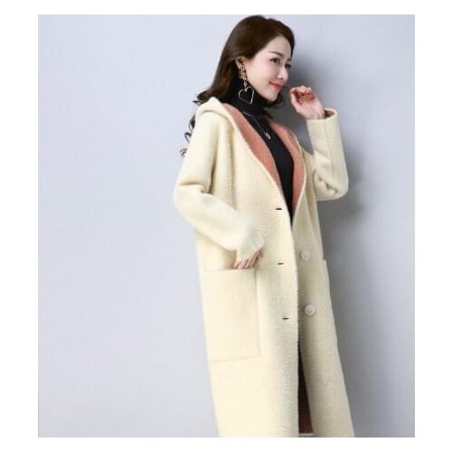 Women 2021 Winter Imitation Mink Velvet Coat Female Hooded Thicken Warm Outwear Lady Casual Double Faced Loose Knit Cardigan B73