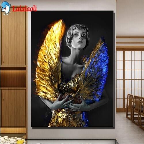 With Golden wings Woman Abstract diamond Painting Mosaic Full Square Drill Wall Sticker Diamond Embroidery Portrait Home Decor