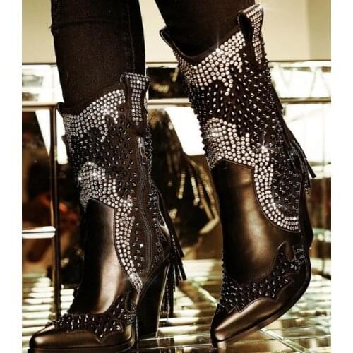 Winter Hot Woman Fashion Black Rivets Fringed Mid-calf Boots Bling Chunky Heels Slip On Pointed Toe High Heels Short Boots Shoes