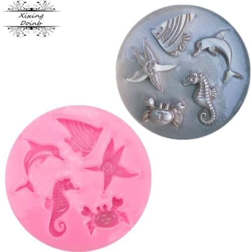 Fondant Chocolate Moulds 3D Dolphin Crab Fish Seahorse Starfish Silicone Mold for cake decorating tools