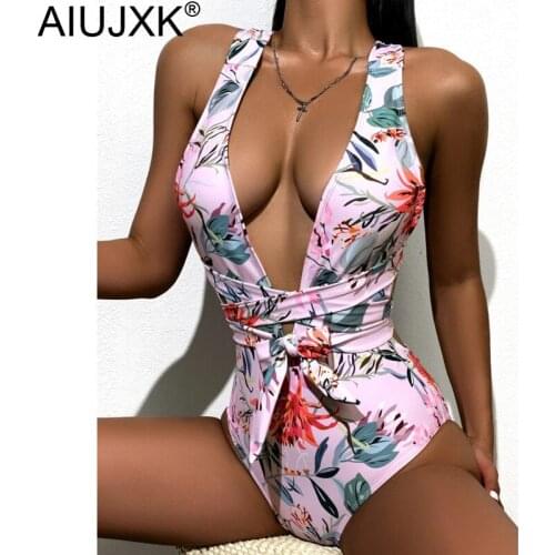 AIUJXK Floral Print One Piece Swimsuit Women Beach Wear Bodysuit Ladies Bandage Sexy Bathing Suit 2021 Monokini Swimwear