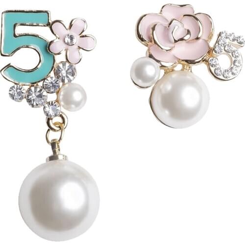 Rhinestone Number 5 Flower Woman Earrings Large Pearl String Tassel Long Luxury Earrings