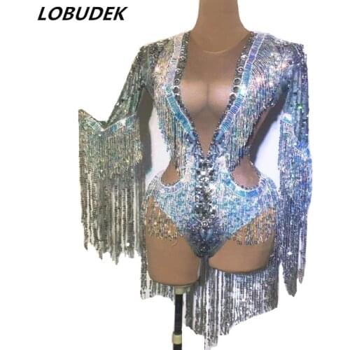 Glitter Sequin Tassel Dance Bodysuit Lady Dancer Team Bar Club Sexy Elastic Fringe Leotard Stage Wear Singer Performance Costume