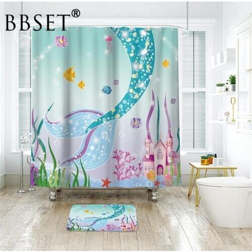 Mermaid Tail Shower Curtain Sea Fish Scales Cartoon Castle Pattern Waterproof Multi-size Douchegordijn Bathroom Decor with Hooks