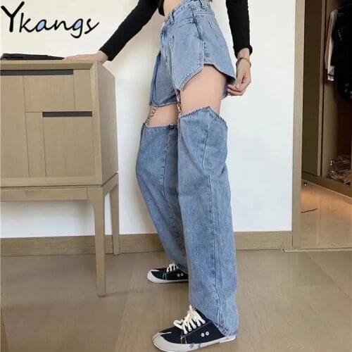 With Chain Removable Korean Style Wide Leg Denim Trousers Women Streetwear Baggy Harajuku Aesthetic Casual Jeans Shorts Female