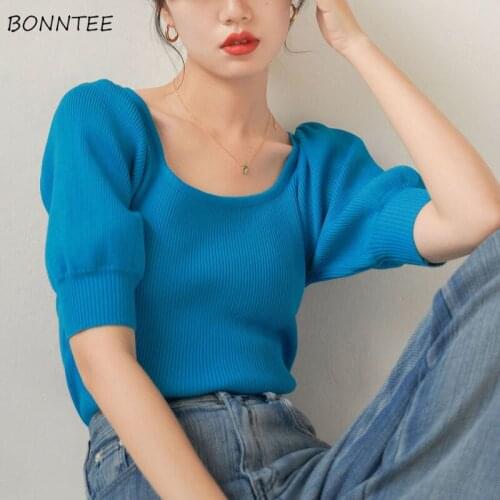 Fashion T-shirts Women Summer Elegant Puff Sleeve Slim Leisure French Style Square Collar Vintage All-match Female Knitted Tops
