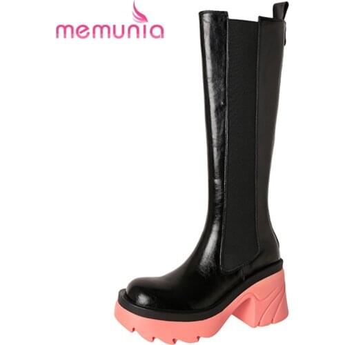 MEMUNIA Genuine Leather Shoes Thick Heels Platform Knee High Boots Zipper Elastic Band Ladies Boots Winter Women Top Quality
