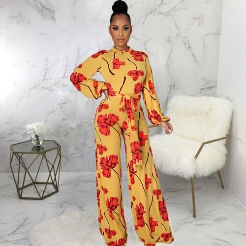 2021 New Summer Leisure Women Fashion Street Slim Sexy Printed Strappy Wide-Leg Pants With Long Sleeves Long Jumpsuit