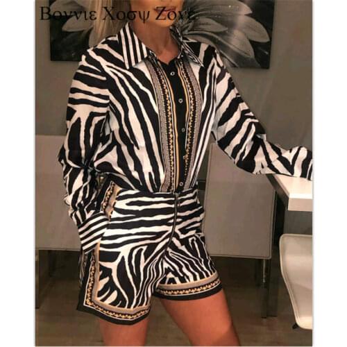 Women Long Sleeve Zebra Print Buttoned Shirt & Zipper Short Sets