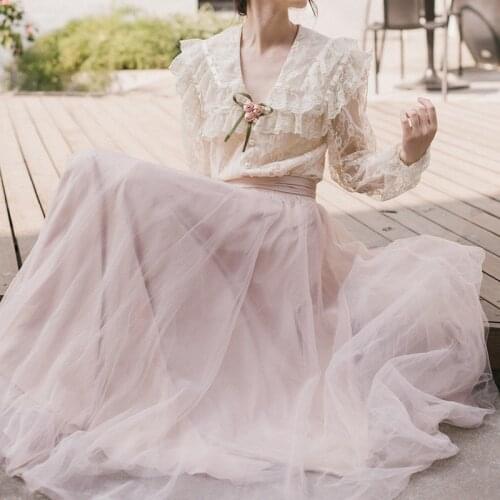 SWEETXUE Autumn New Fairy Skirt Two-Piece Suit 2019 Women Sexy Lace Ruffled Long-Sleeved Shirt+Bow Mesh Skirt Retro Elegant Set