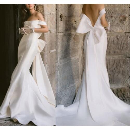 Soft Satin Simple Mermaid Off-Shoulder Bow Sexy Vintage Sweep Train Backless Wedding Gown Wedding Dress Bride robe de mariée