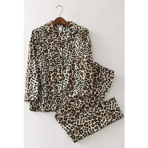 Winter 100% Cotton Wool Ladys Long Sleeve Nightwear Home Suit Printing Pajamas Loungewear Women Pijama Mujer Leopard 2-piece