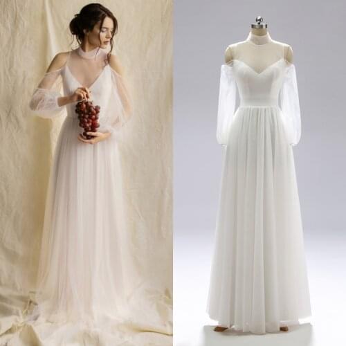 2000#Sexy High Neck Long Sleeve Floor Length Simple Tulle Bride Gown Wedding Dress Bride Dress vestidos de novia