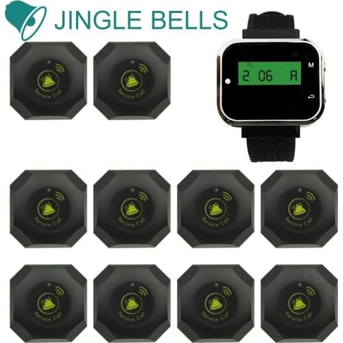 JINGLE BELLS good quality 10 pcs of wireless calling buttons and 1 rechargeable watch pager/ hotel or restaurant calling systems