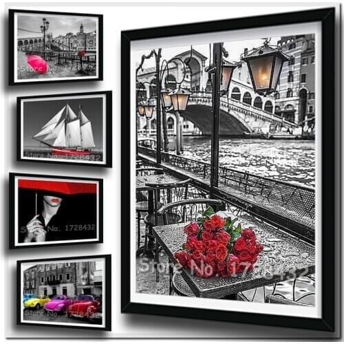Huacan Diamond Embroidery Flowers Diamond Painting Pictures Of Rhinestones Diamond Mosaic Cross Stitch Rose Red And Black City