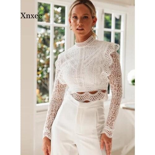 White Long Seleeve Lace Crochet Tank Tops Women Summer Sexy High Neck Hollow Out Zipper Crop Top Slim Fit Tees Clothing Tops
