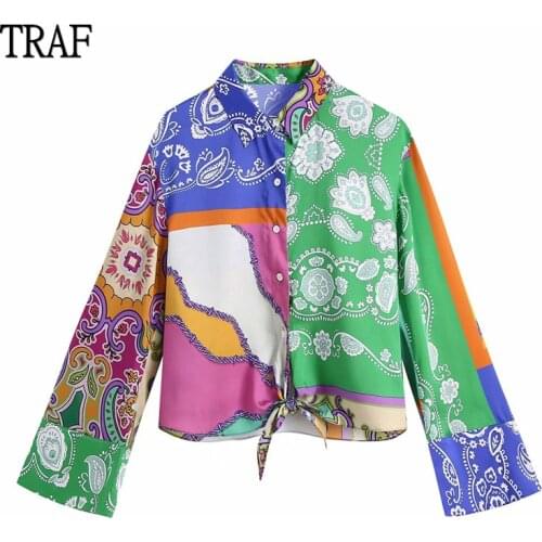 TRAF Women Blouse Top 2021 Za Summer Bowknot Patchwork Print Long Sleeve Shirt Plus Size Women Clothing Vintage Top Female Shirt