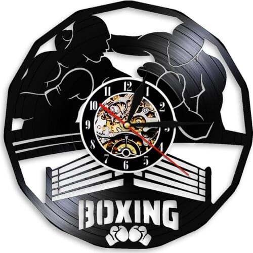 Boxing Club Wall Sigh Boxing Player Boxing Silhouette 3D Wall Clock Personality Vinyl Record Wall Clock Boxing Decor For Boys
