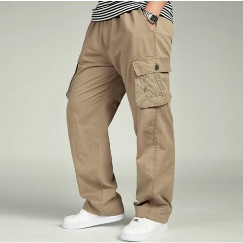 Trousers cotton overalls elastic waist full len multi-pocket Mens casual plus fertilizer XL mens clothing big size cargo pants