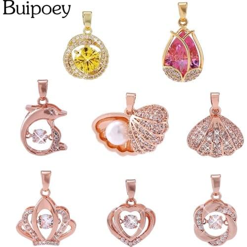 Buipoey Fine Golden Crystal Flowers Dangle Dolphin Pearl Shell Charm Rose Necklace Pendant Original Necklace Collar Accessories