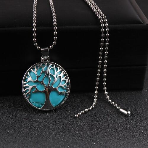 Tree Of Life Natural Stone Round Pendant Necklace Jewelry For Men Women Top Grade Turquoises Tiger Eye Beads Pendants Chain
