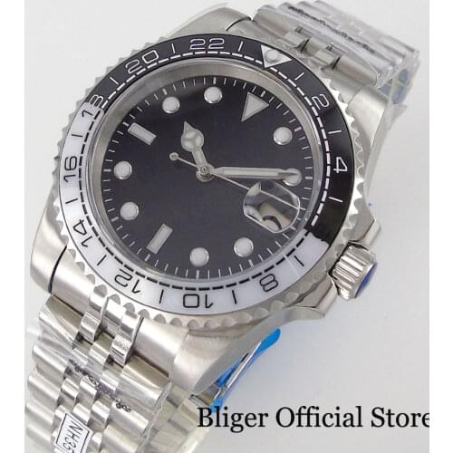 BLIGER Black 24 Jewels NH35A 40mm Automatic Men Watch Jubilee Steel Bracelet White Black Insert Sapphire Crystal Luminous Marks