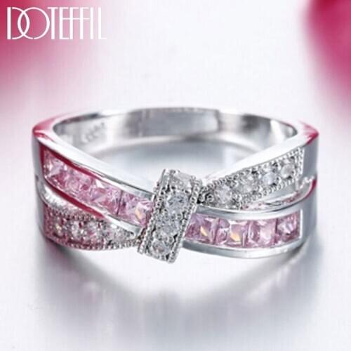 DOTEFFIL 925 Sterling Silver AAA Zircon Six Colors Pink/Blue/Green Crystal Ring For Women Fashion Wedding Party Charm Jewelry