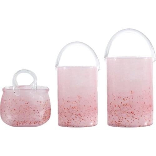 Creative Luxury Glass Bag Vase Shopping Basket with Handle Cherry Pink Flower Arrangement Living Room Outdoor Decor