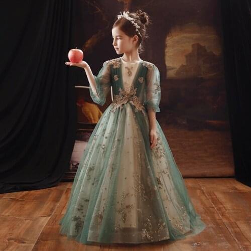 New Arrival Flower Girls Dresses High Quality Lace Appliques Short Sleeve Ball Gowns Green Girl Dress