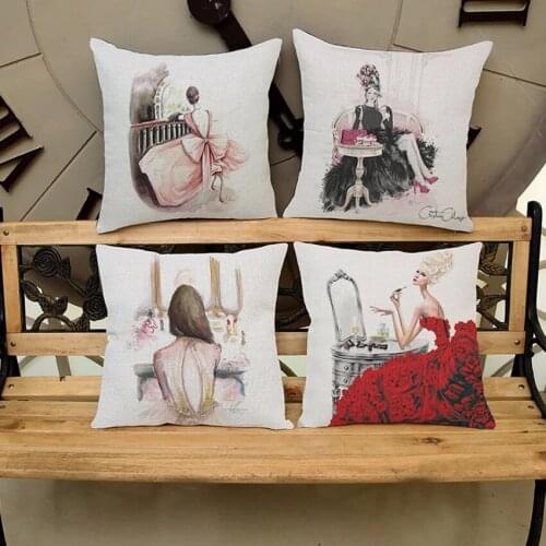 Double print Fashion Make-up Lady Girls Print Sofa Decorative Pillow For Garment Shops Cotton Linen Square Cushion for Car 45x45