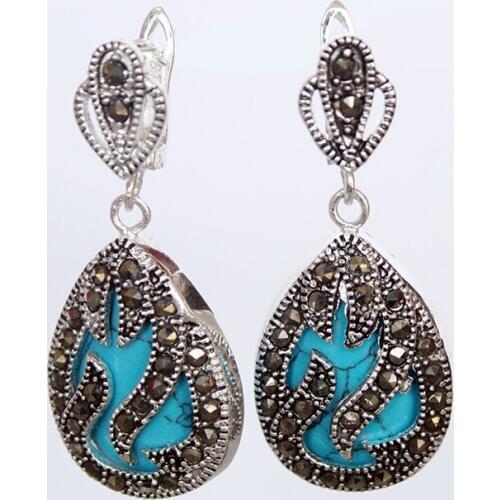 11/2" fashionable jewelry 925 Silver & Marcasite inlay blue stone Waterdrop Earrings 5.29
