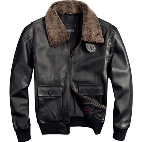 Genuine Leather Jacket Men Classic Fur Collar Real Cowhide Cow Skin Coats Black Winter Air Force Pilot G1 Flight Bomber Jackets
