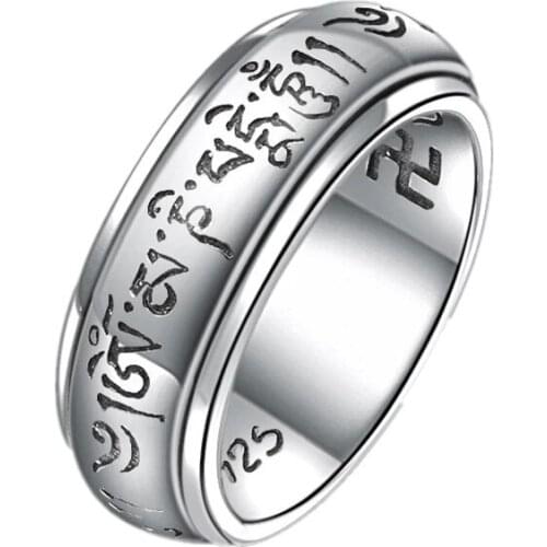 BOCAI 2021 Trend Real s925 Silver Jewelry Buddhist Personality Retro Good Luck Six-character Mantra Turning Fashion Man Ring