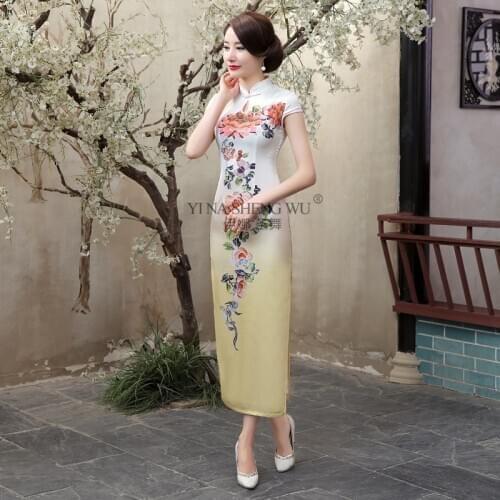 New Improved Fashion Cheongsam Gradient Color Elegant Slim Dress Silk Fabrics Print Chinese Traditional Costumes Cheongsam Women
