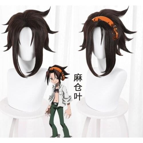 Anime SHAMAN KING Yoh Asakura Cosplay Wig Short Black Brown Synthetic Hair Heat Resistant Halloween Party Role Play 35cm