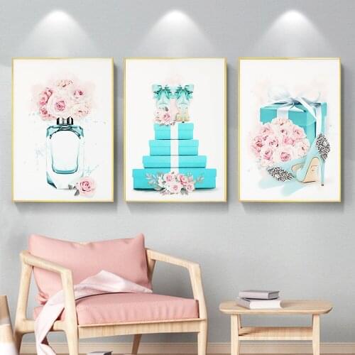 Canvas Poster Blue Pink Flower Perfume Box Nordic Printed High Heels Wall Painting Fashion Female Wall Art Mural for Shop Decor