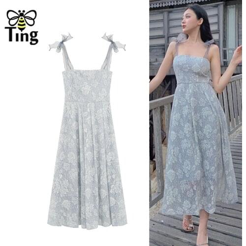Tingfly Vintage Elegant Strap Tie Up Summer A Line Casual Dress Sweet Girl Beach Stylish Midi Long Vestidos Robes Egirl Fashion