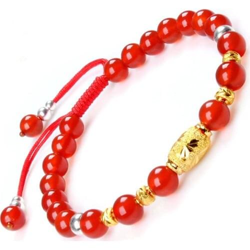 Real 999 24K Yellow 3D Gold Carved Flower Bracelet Beads Weaving Red Rope Agate Bead For Women Men Female Bracelet 16cm