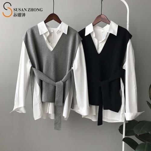 Woman Sweater Autumn Female Knit Vest Fall Waistcoat Tops Vintage V-Neck Side Slit Belt Cozy Minimalist Elegant Korean Style New