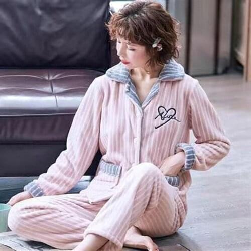 Womens Winter Stripe Pajamas Set Embroidery Sleepwear Warm Flannel Pajama Casual Mom Big Size Fashion Homewear kPaCotAkoWka
