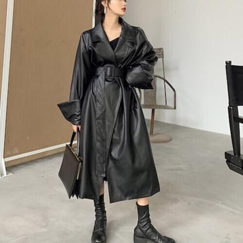Sashes Casual Long Faux Leather Coat Women 2020 Winter Tide Fashion Turn Down Collar Handsome Long Sleeve Black New XJ2633