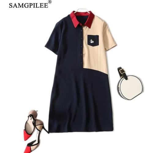 Summer Clothes For Women 2021 New Office Lady A-line Patchwork Short Sleeve Knee-length Empire Turn-down Collar Woman Dresses