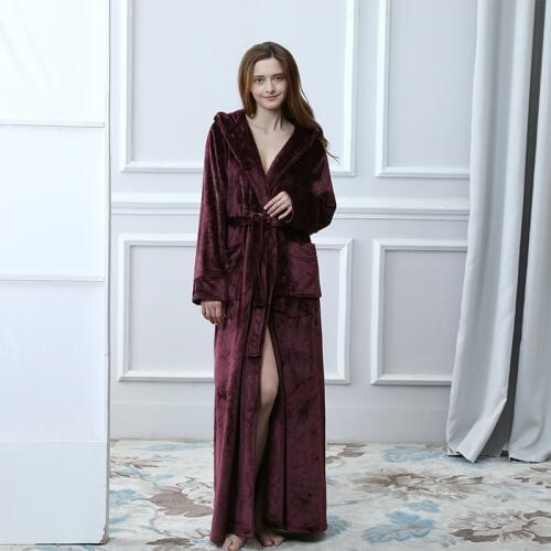 Winter Extra Long Warm Thick Hooded Bathrobe Women/Men Sexy Kimono Long Sleeve Ankle Bath Robe Unisex Dressing Gown Female