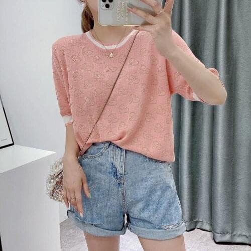 2021 Sale 20673 (room 5, Row 2, Lower No. 3) Non Real Net Red Picture Round Neck Love Short Sleeve Knitted T-shirt 29
