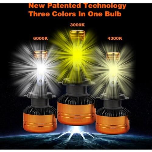 Car Tricolor 3Color LED Headlight Z5 H1 H4 H7 H11 HB3 HB4 100W 12000LM Flip Chips 3000K 4300K 6000K Switchback LED Bulbs