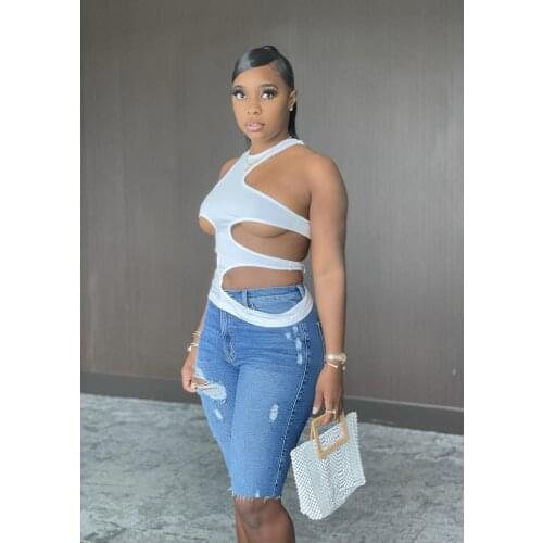 Black White Sexy Cut Out Womens Top Irregular Hole Vest Hollow Out See Through Tops Summer Girls Halter Neck Sleeveless Tank